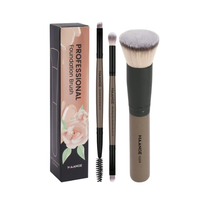 MAANGE 3pcs Face and Eye Makeup Brush Set – Brown