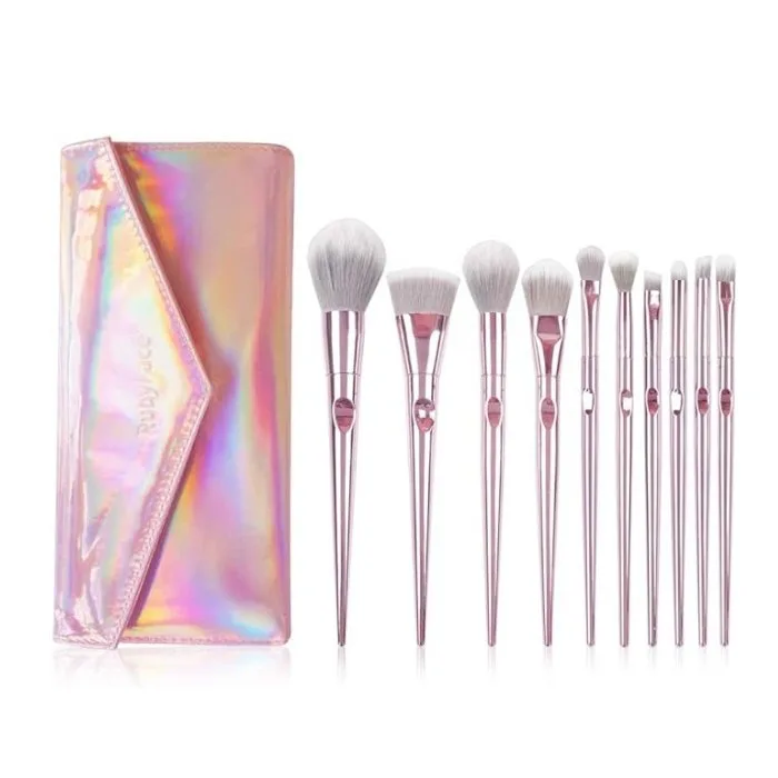 MAANGE 10pcs Glossy Pink Makeup Brushes Set with Pouch