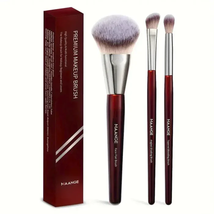 MAANGE 3pcs Premium Face & Eye Makeup Brush Set – Red