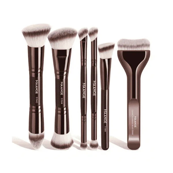 MAANGE 6pcs Premium Face & Eye Brush Set – Brown | Foundation Brush | Tapered Brush | Contour Brush | Eyeshadow, Smudge, Detail, Nose Shadow Brush